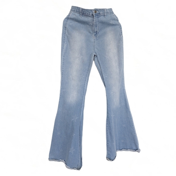 Nasty Gal Blue Stretch Denim Super Flare Star Jeans Stone Wash Tall Fit - sz 6 - Picture 2 of 6